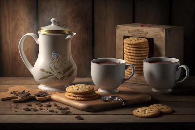 Tè e biscotti con fondale in legno