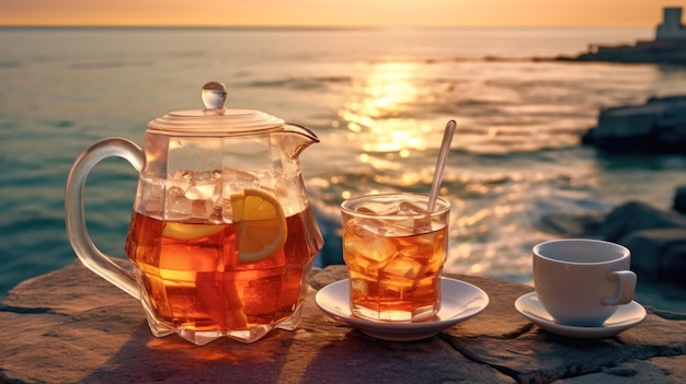 tè freddo con la vista mozzafiato del mare come sfondo che mostra l'armoniosa combinazione tra la tranquillità della natura e la rinfrescante serenità e il relax della bevanda estiva generato dall'intelligenza artificiale
