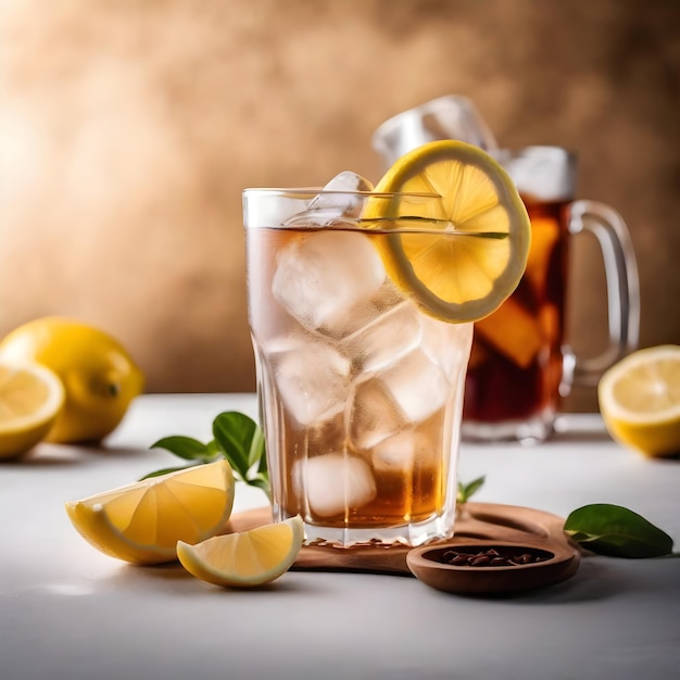 Tè ghiacciato in un bicchiere con ghiaccio e limone su uno sfondo misto