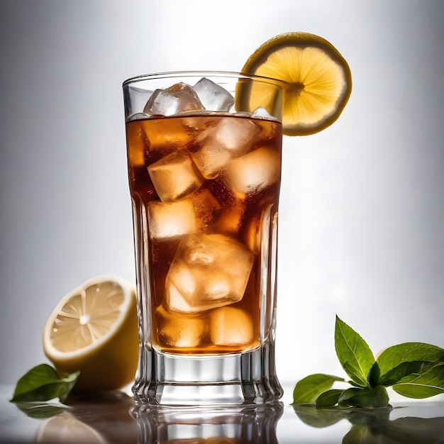 Tè ghiacciato in un bicchiere con ghiaccio e limone su uno sfondo misto