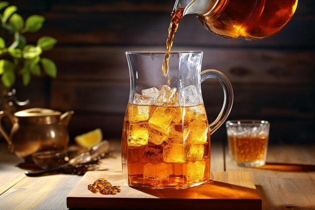 Tè ghiacciato preparato in una teiera di vetro con un tè di fiori in fiore