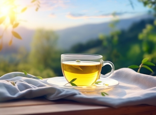 Tè in tazza su un tavolo di legno con campo verde sullo sfondo