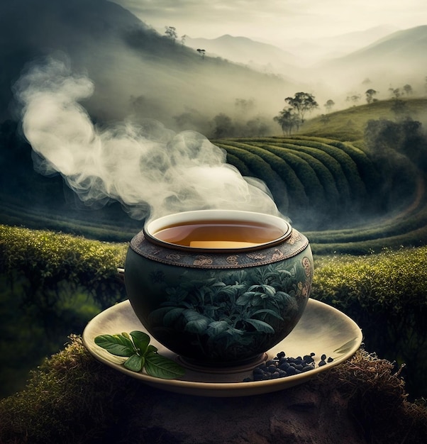 Tè in una tazza in una piantagione di tè IA generativa