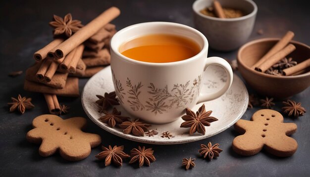 Tè Masala in tazza di ceramica con spezie invernali e biscotti di pan di zenzero