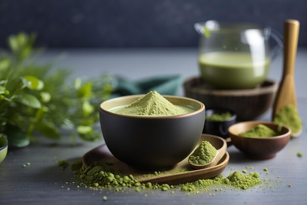 Tè matcha in tazza con polvere