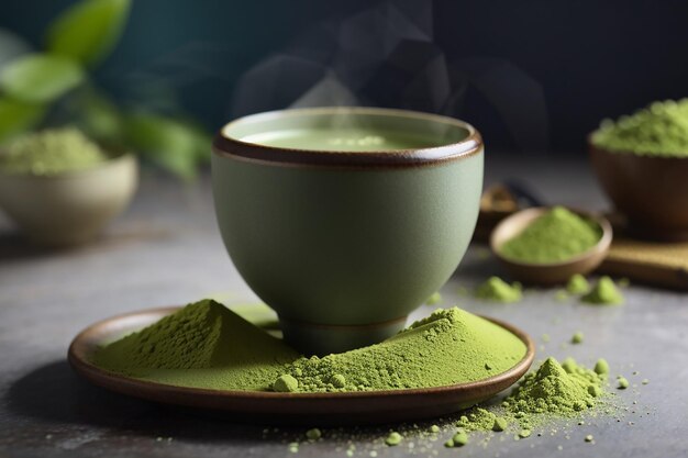 Tè matcha in tazza con polvere