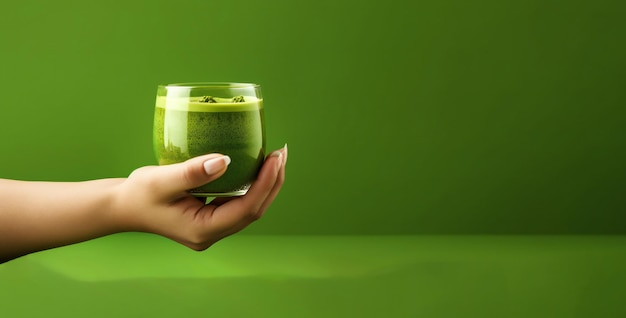 Tè Matcha in tazza di vetro in mano su sfondo verde con copia spazio per il testo