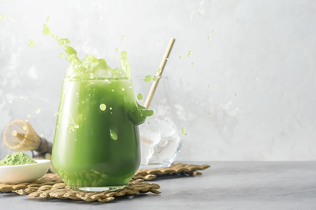 Tè matcha rinfrescante con ghiaccio e schizzi su uno sfondo grigio con spazio di copia.