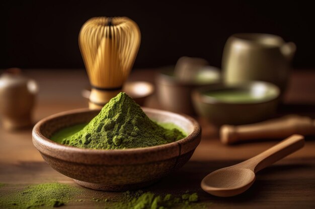 Tè Matcha verde biologico grezzo in una ciotola Generato dall'intelligenza artificiale