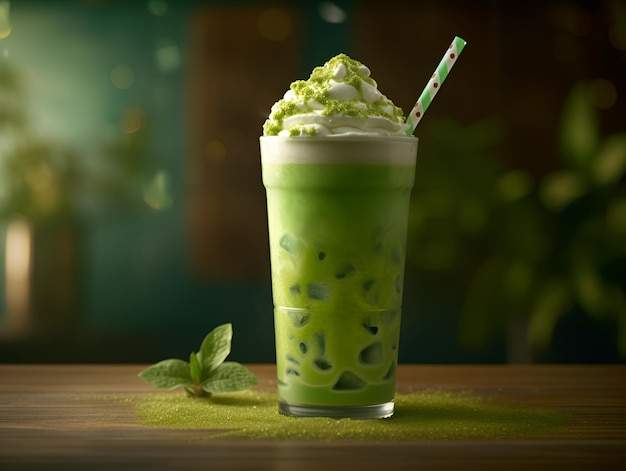 Tè matcha verde ghiacciato mescolato con cubetti di ghiaccio e latte in un'illustrazione creativa di vetro alto Primo piano Latte matcha freddo su sfondo scuro sfocato Mocktail verde con cubetti di ghiaccio e latte AI generativa