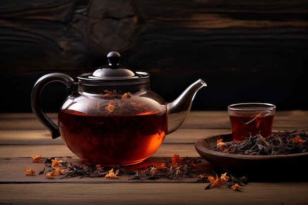 Tè nero con tè secco in una teiera su superficie di legno