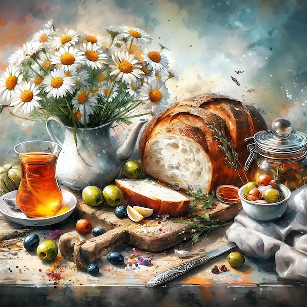 Tè turco Simit Formaggio e olive Still Life Painting