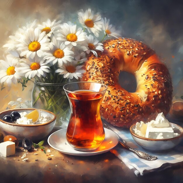 Tè turco Simit Formaggio e olive Still Life Painting