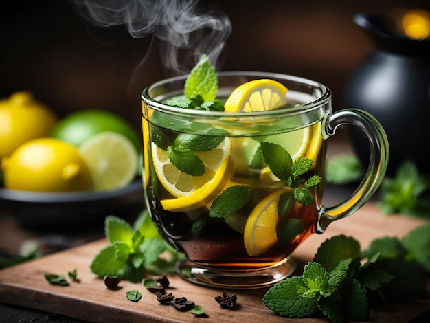 Tè verde al limone con limone e menta