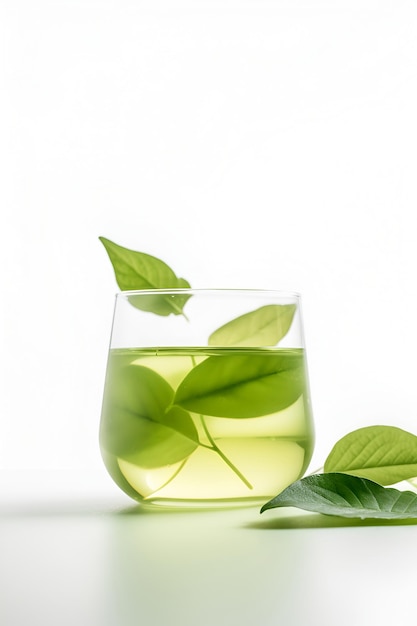 Tè verde appena preparato in foglia in tazza di vetro sul tavolo