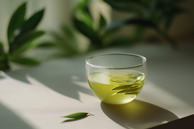 Tè verde appena preparato in foglia in tazza di vetro sul tavolo