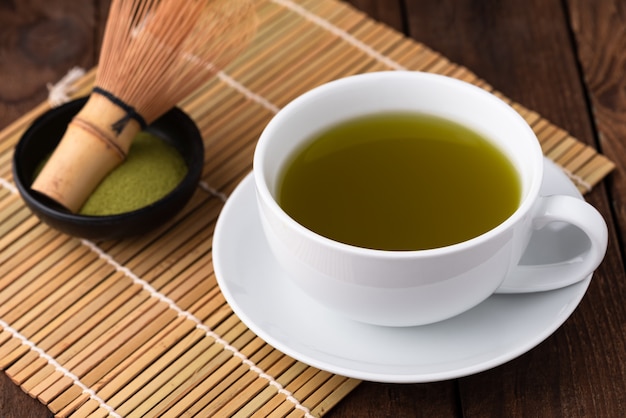 tè verde caldo in tazza su legno