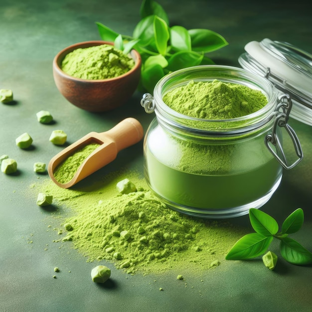 tè verde in un vaso di matcha sullo sfondo