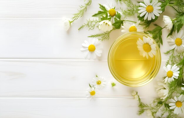 tè verde in una tazza di vetro trasparente con fiori di camomilla e lui