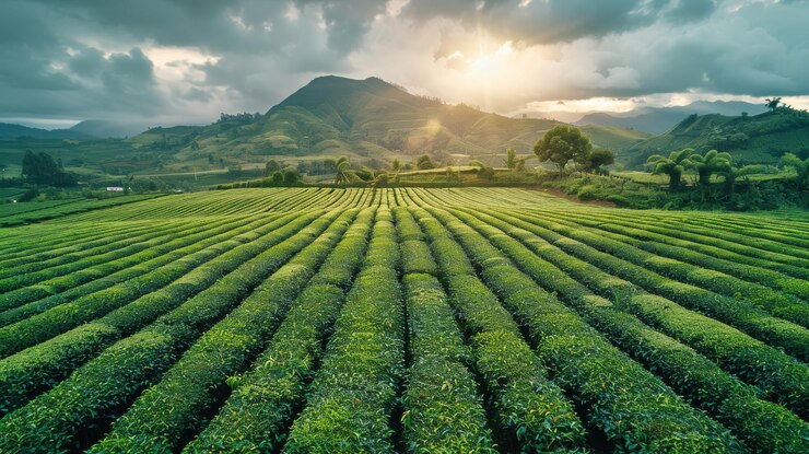 Tea field green plantation agriculture background top leaf farm landscape pattern drone Organic fiel