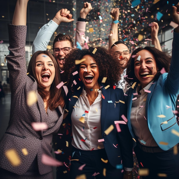 Team di dipendenti diversi e felici che celebrano il successo