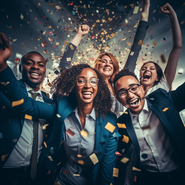 Team di dipendenti diversi e felici che celebrano il successo