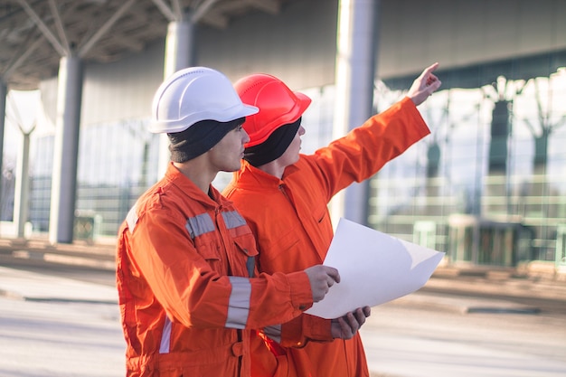 Team di giovani ingegneri che discutono di un progetto di costruzione