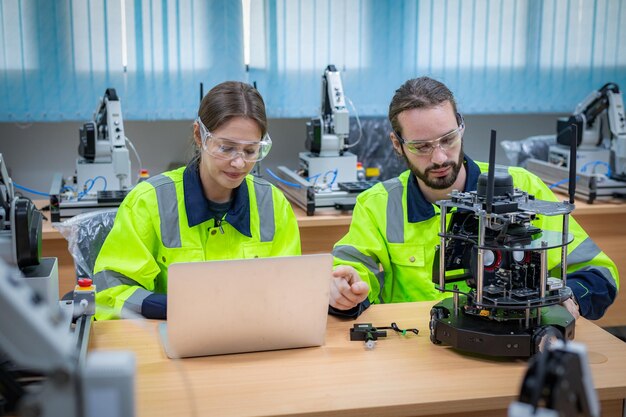 Team di ingegneri apprendimento e analizzato per sviluppare l'automazione saldatura robot macchina è artificiale intelligente sistema industriale automatizzare il monitoraggio Hitechnology industria produzione concetto