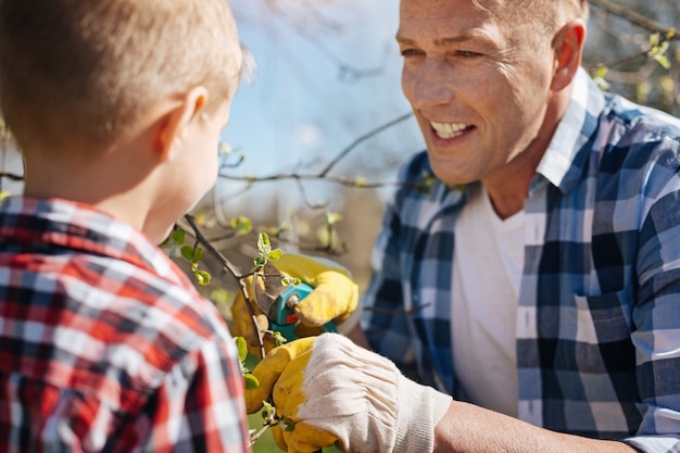 Team di membri maschi della famiglia che tagliano i rami degli alberi insieme a un paio di cesoie inossidabili in un giardino familiare