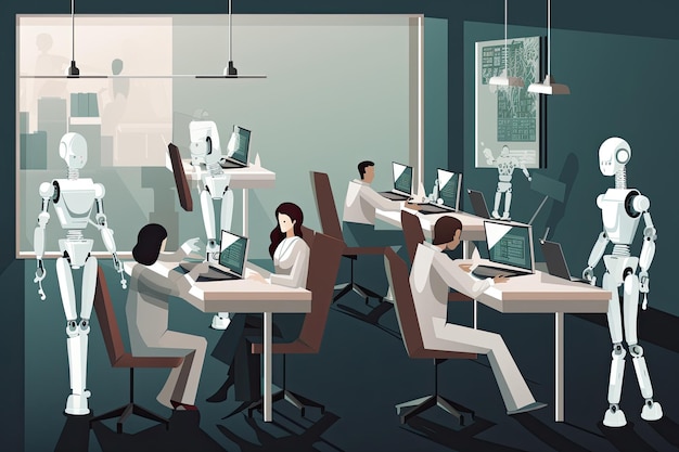 Team di robot che lavora in ufficio Illustrazione del concetto di intelligenza artificiale Robot che sostituiscono gli umani in ufficio AI Generato