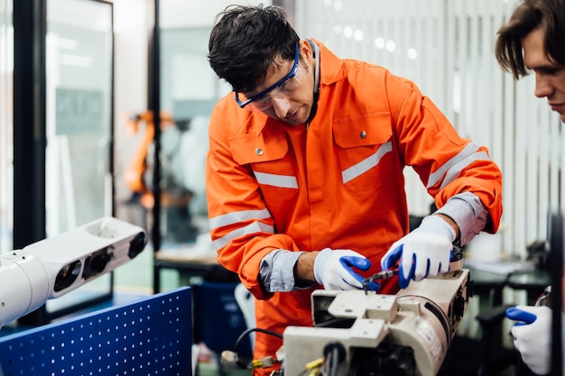 Team di tecnici professionisti che controllano e riparano parti della macchina robotica automatica in fabbrica