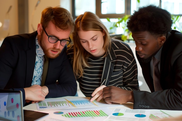 Team diversificato di professionisti concentrati sui dettagli del progetto con dati digitali e grafici cartacei