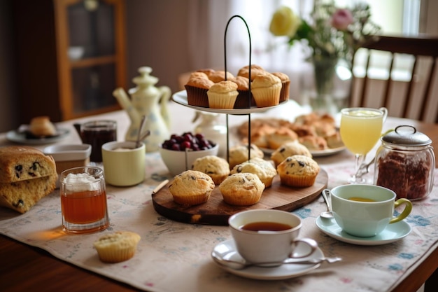 Teatime spalmato con focaccine muffin e tazze da tè sul tavolo creato con intelligenza artificiale generativa