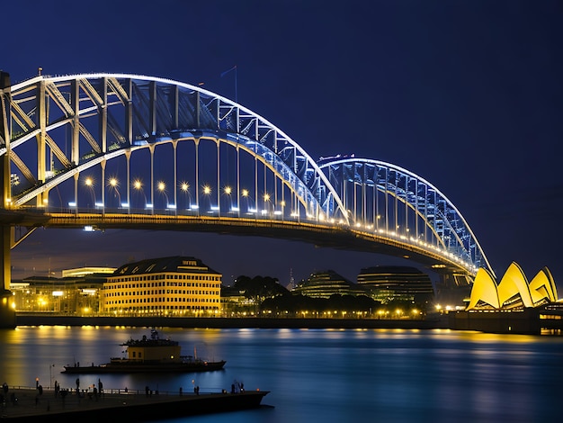 Teatro dell'opera e ponte del porto di notte Ai generato