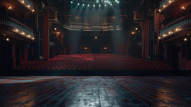 Teatro vuoto con sedili rossi e luci scenografiche drammatiche
