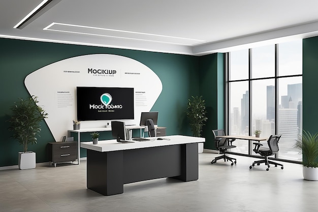 Tech Company Branding Mockup Presenta il logo sulla hall dell'ufficio Mostra le stazioni di lavoro dei dipendenti e gli spazi di collaborazione
