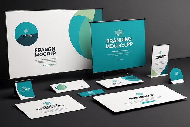 Tech Conference Branding Mockup Presenta il logo su banner, badge e diapositive di presentazione