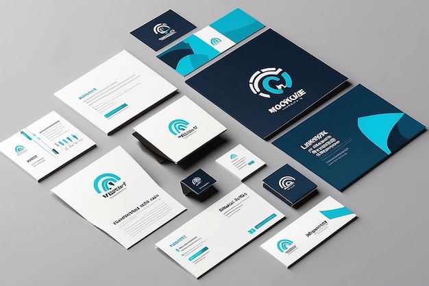 Tech Conference Branding Mockup Presenta il logo su banner, badge e diapositive di presentazione