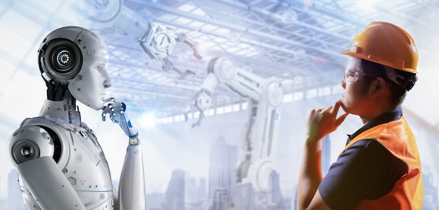 technician or engineer work with 3d rendering robot in factory