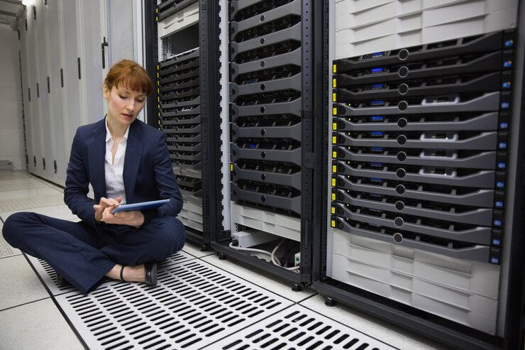 Photo technician sitting on floor beside server tower using tablet pc