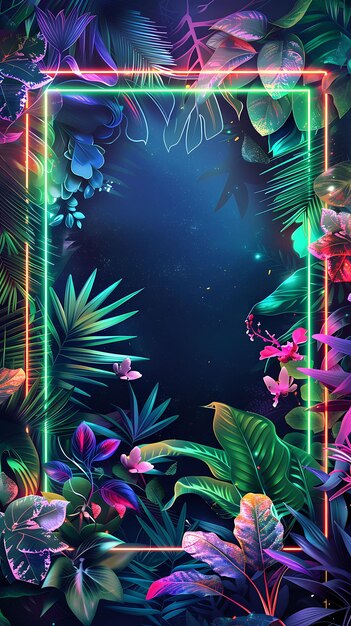 Techno Jungle Arcane Frame con piante futuristiche e Pulsat Neon Color Background Art Collection