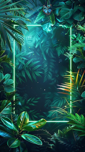 Techno Jungle Arcane Frame con piante futuristiche e Pulsat Neon Color Background Art Collection