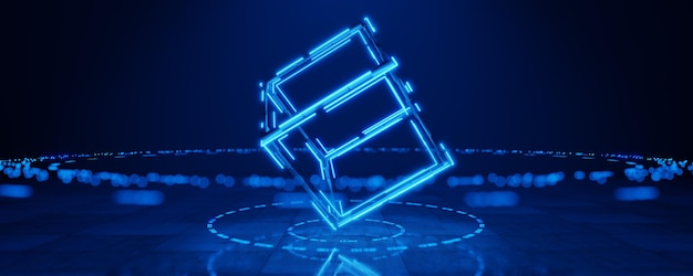 Technology cube in neon light Technological background Abstract background Blockchain concept Neural network background Artificial Intelligence 3d render
