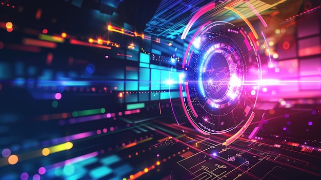 Technology digital circle style HUD interface display time machine neon light Background wallpaper AI generated image