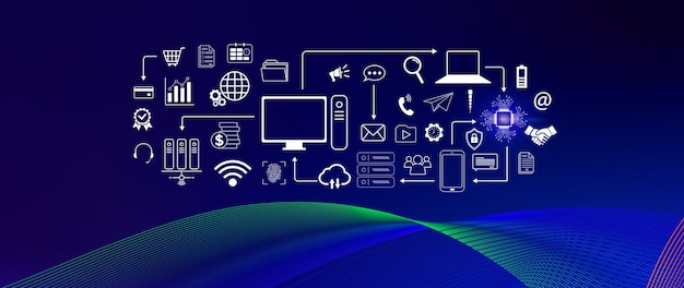 Technology equipment and line interface icons Computer system resources and data storage Cloud service technology marketing and business concept for background