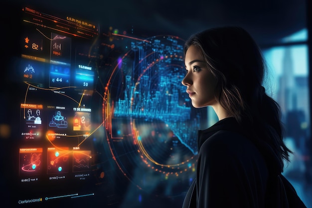 Technology Insights Unveiled Analisi delle tendenze dei dati sulla dashboard Immergiti nel mondo della tecnologia mentre una donna esamina le tendenze dei dati e i grafici su una dashboard digitale