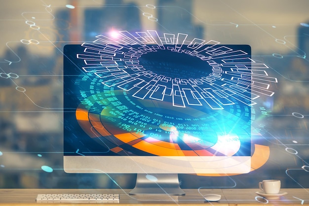 technology theme drawing and table with computer multi exposure concept of information