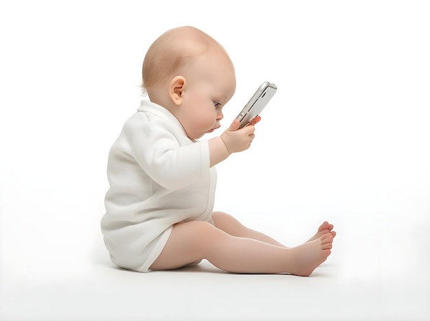 TechSavvy Tot Bambino curioso che esplora uno smartphone su sfondo bianco