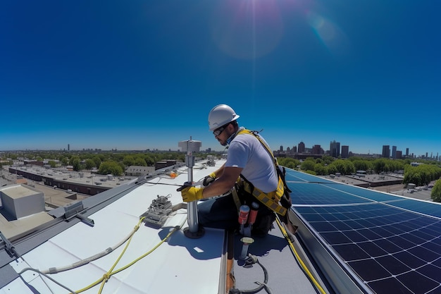 Tecnico che installa i pannelli solari su un tetto sotto un cielo blu luminoso che indossa l'attrezzatura di sicurezza w