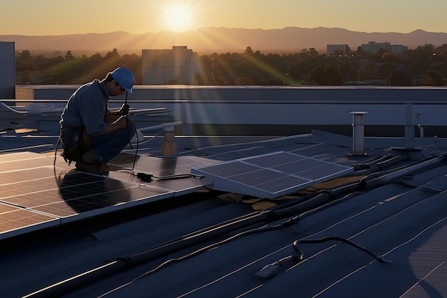 Tecnico che installa i pannelli solari su un tetto sotto un cielo blu luminoso che indossa l'attrezzatura di sicurezza w